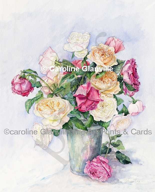 Bucket of roses, painting by Caroline Glanville